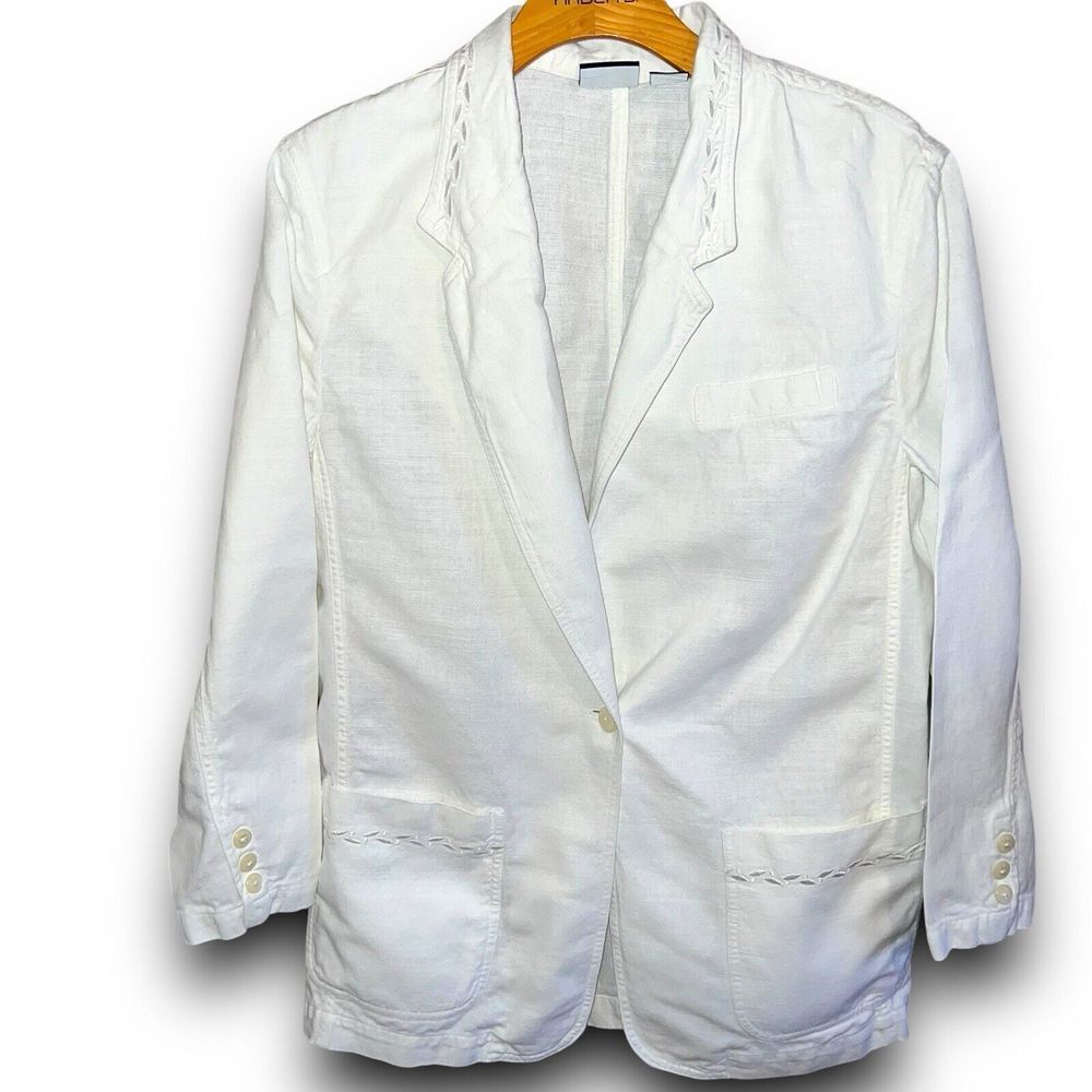 Lizsport Vintage 80s white/ ivory 1 button, 3 pocket woman‎ Linen blazer 002